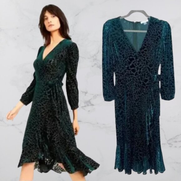 Calvin Klein Green Burnout Velvet Animal-Print Stretch Wrap Midi Dress Size 16 - Picture 3 of 12